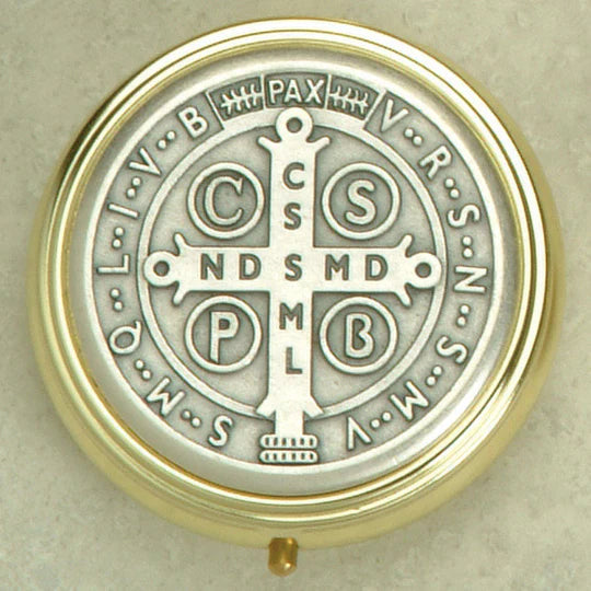 Silver Tone Pyx with Saint Benedict. Boxed