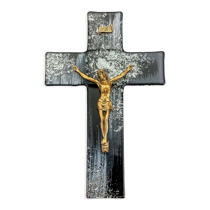 10" Black and Silver Shimmer Pattern Glass Cross with Genuine Antique Gold Pewter Corpus