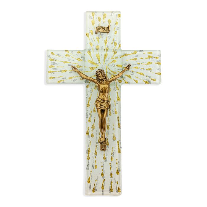 10" Gold and Silver on White Glass Cross with Museum Gold Corpus