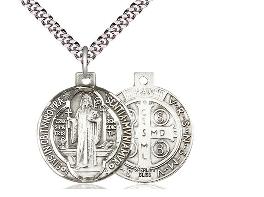 Sterling Silver St Benedict Pendant on a 24 inch Light Rhodium Heavy Curb Chain