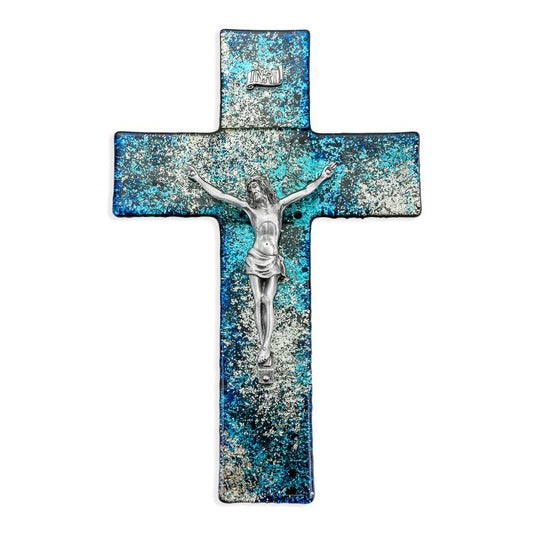 10" Blue and Silver Shimmering Silver Glass Cross with Pewter Corpus