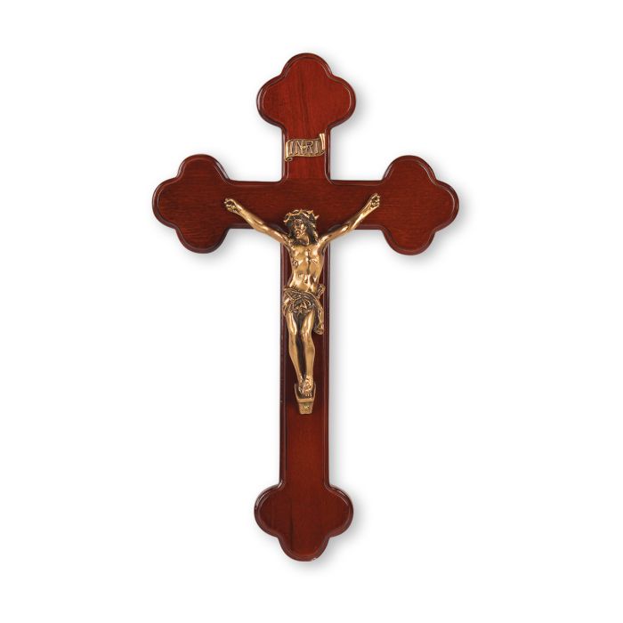 10" Dark Cherry Wood Cross with Museum Gold Finish Corpus