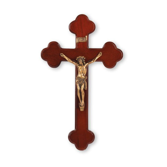 10" Dark Cherry Wood Cross with Museum Gold Finish Corpus