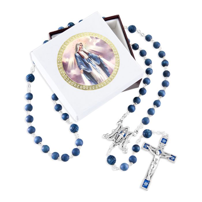 6mm Miraculous Medal Blue Wood Beads Rosary