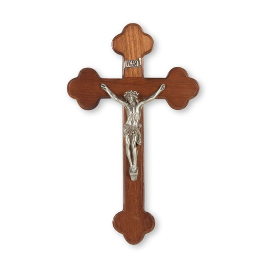 10" Latin Style Walnut Wood Cross Crucifix with Antiqued Fine Pewter Corpus