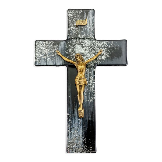 10" Black and Silver Shimmer Pattern Glass Cross with Genuine Antique Gold Pewter Corpus