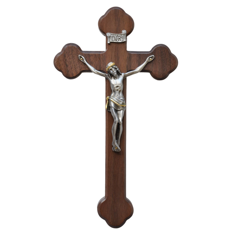 Crucifix Walnut/Pewter 10"