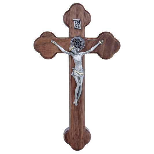 Crucifix St. Benedict Walnut/Pewter 8"