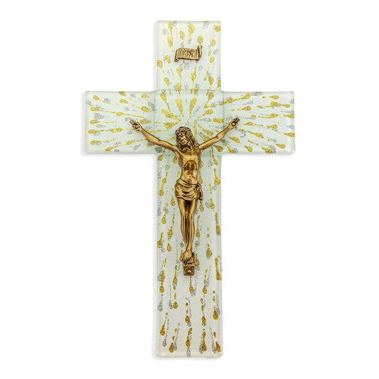 10" Gold and Silver on White Glass Cross with Museum Gold Corpus