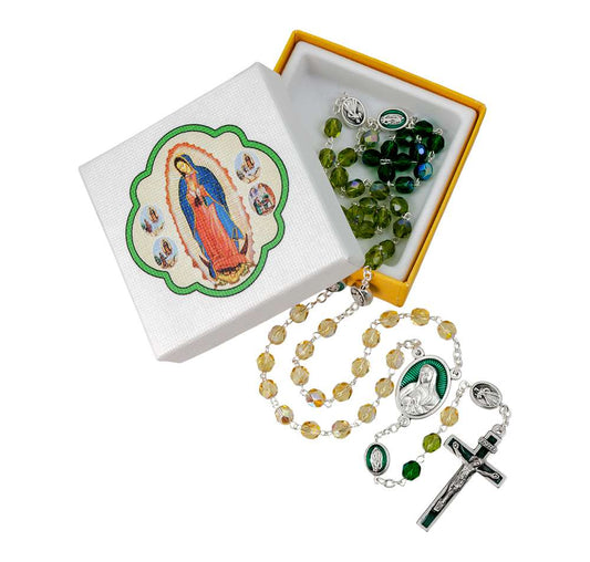 Our Lady Of Guadalupe Tri Color Glass Bead Rosary Boxed