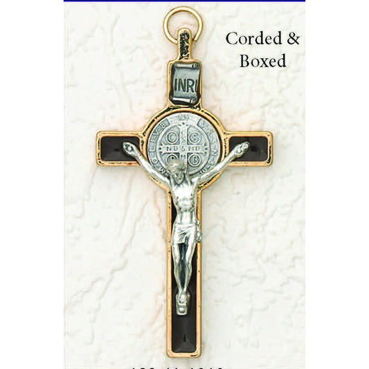 3 Inch St. Benedict Crucifix: Black/Gold with Silver Tone Corpus and Medal Corded