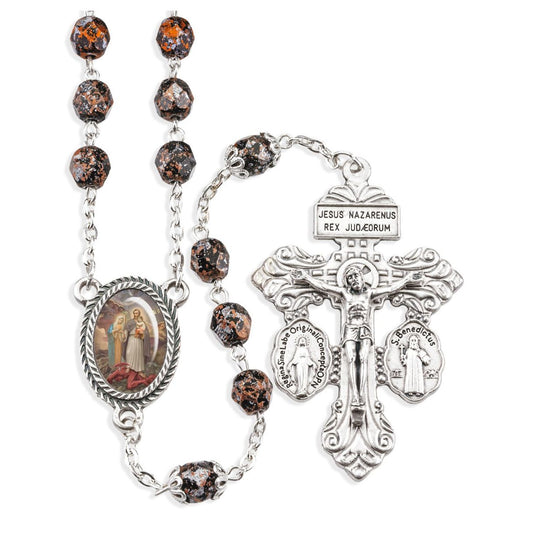 7mm Faceted Copper Metallic Flake Bead Rosary St Joseph & Pardon Crucifix