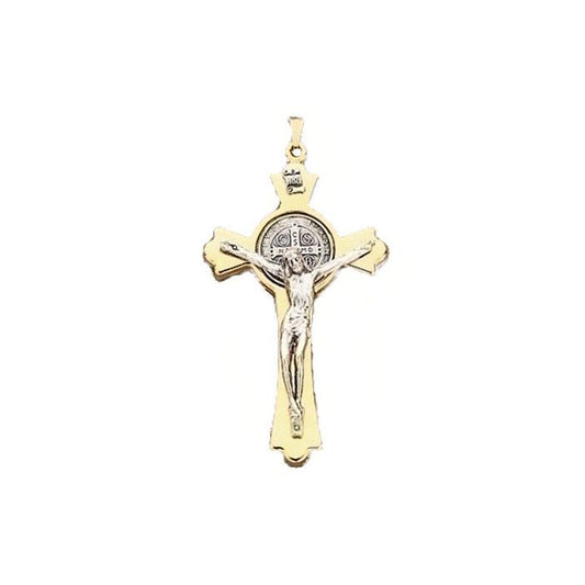 3 inch St Benedict Cross-Gold /Silver Cross with Silver Tone Corpus. Corded.