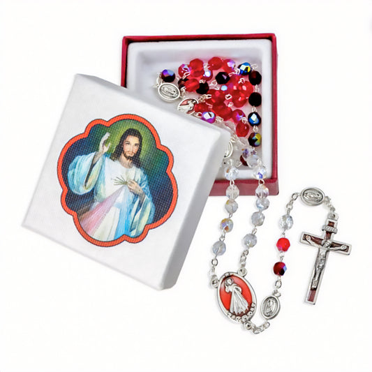 6mm Divine Mercy Tri Color Glass Bead Rosary